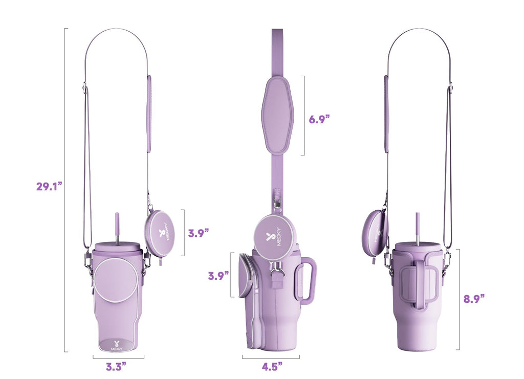 Meoky Water Bottle Carrier Bag with Phone Pocket for 40 oz Tumbler with Handle, Neoprene Water Bottle Holder Pouch with Adjustable Strap, 2 Carabiner Clips (Lilac)