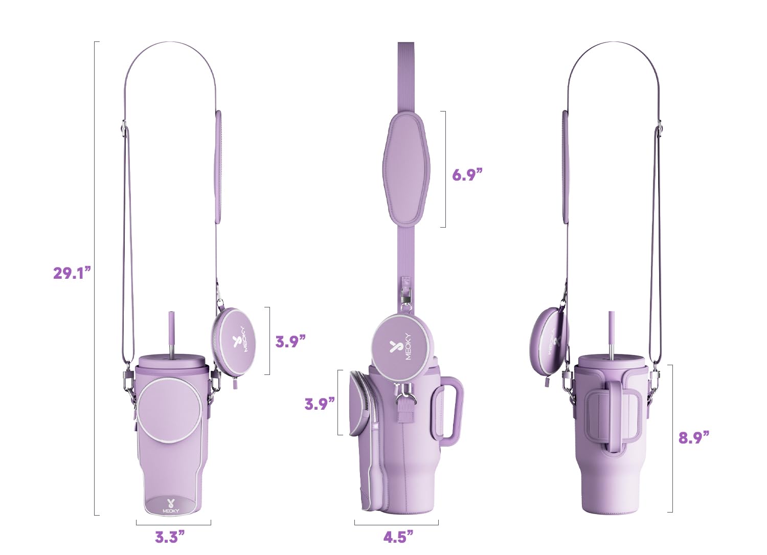 Meoky Water Bottle Carrier Bag with Phone Pocket for 40 oz Tumbler with Handle, Neoprene Water Bottle Holder Pouch with Adjustable Strap, 2 Carabiner Clips (Lilac)