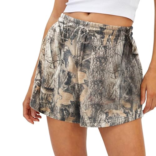 Large Camo Sweat Shorts for Women with Drawstring Waist and Pockets - Maple Leaf Print Lounge Athletic Wear