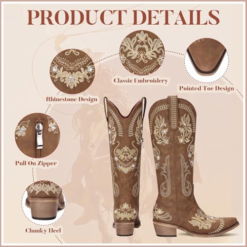 Dixhills Brown Western Cowgirl Boots for Women - Sparkly Rhinestone Embroidered Knee High Tall Boot with Side Zipper, Retro Pointed Toe for Country Wedding & Party