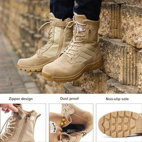 Men's Military Tactical Work Boots 9.5 Beige Side Zipper Desert Combat Lightweight Hiking