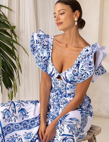 FLAXMAKER Blue & White Porcelain Pattern One-Piece Swimsuit with Skirt - Medium, Ruffle Design