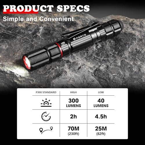 FORTO Black Rechargeable Pen Light 300 Lumens, IP67 Waterproof, USB-C, 2 Modes, Clip, Inspection & Emergency