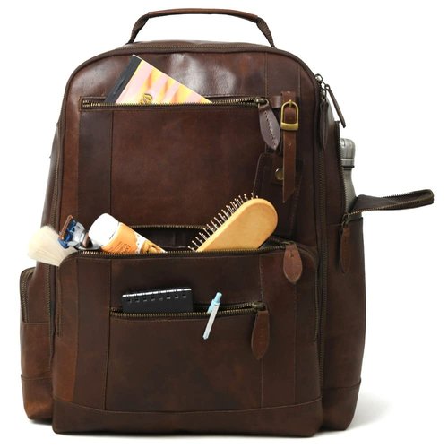 Buffalo Leather Backpack for Men 16 Inch| Vintage Leather Backpack Multi Pockets Business Travel Daypack| Full Grain Brown Leather Shoulder Rucksack Knapsack