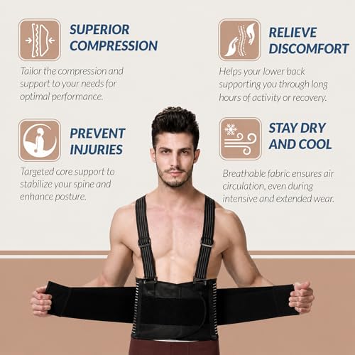 Back Support Belt with Suspenders - Medium, Black, Lumbar Brace for Heavy Lifting