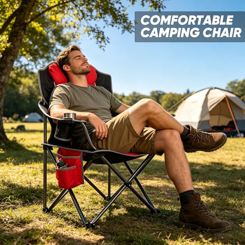 Colorsoul Oversized Camping Chair with Padded Seat & Backrest - Red - Support 350 LBS