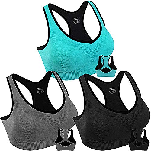 Double Couple Sports Bras for Women Large Black Blue Grey High Impact Workout Racerback