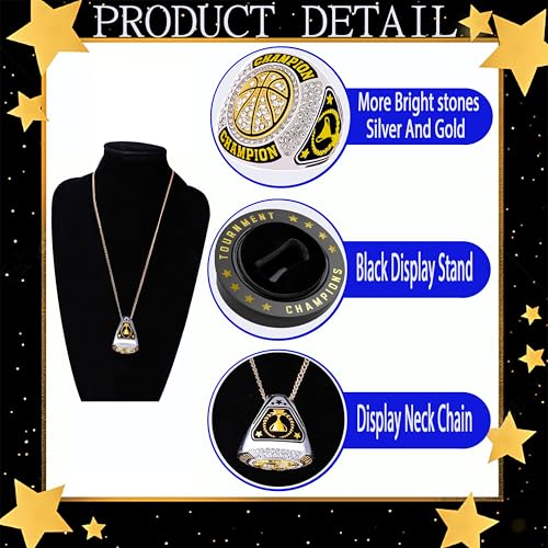 Daijbling 12 Pcs Gold Basketball Championship Rings with Chains & Stand - Tournament Trophy & Winner Gift (Size 11)