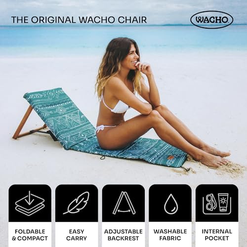 Wacho Blue Green Outdoor Folding Beach Chair with Reclining Wooden Backrest