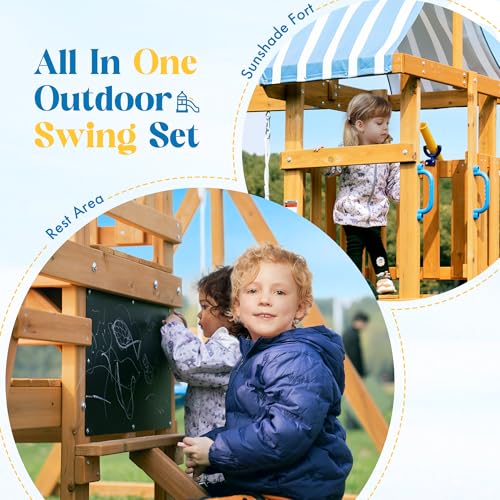 ROBUD Wooden Swing Set for Kids Backyard Play, 2 Swings & Slide