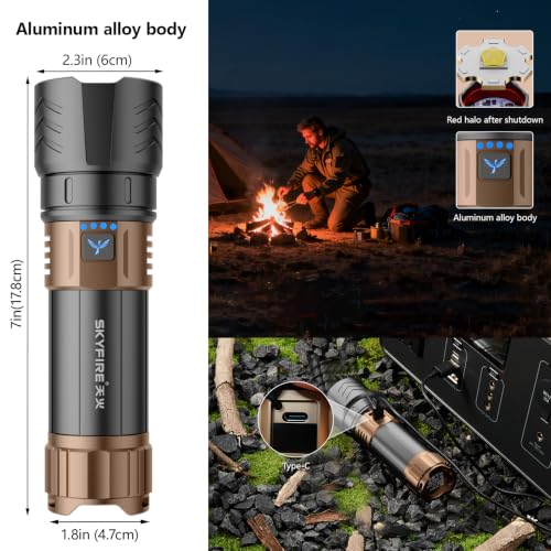 SKYFIRE Rechargeable Super Bright Tactical Flashlight SF1097-Black&Gold-Plus-Lens, 3000lm, Waterproof, Zoomable, Fire Starting, 50H Runtime