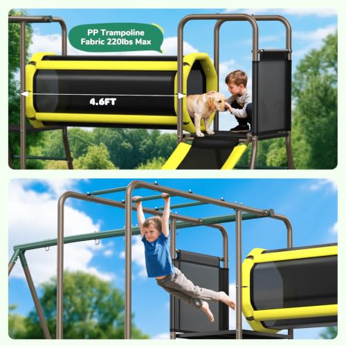 Hapfan Backyard Swing Set with Slide, Crawl Tunnel & Monkey Bars - Green & Brown