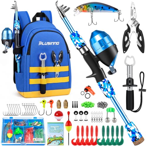 Kids Telescopic Fishing Pole Kit with Backpack, Tackle & Accessories - Blue, 4.92 ft