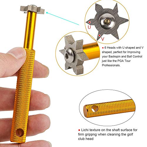Golf Groove Sharpener with 6 Heads - Re-Grooving Tool & Cleaner, Gold