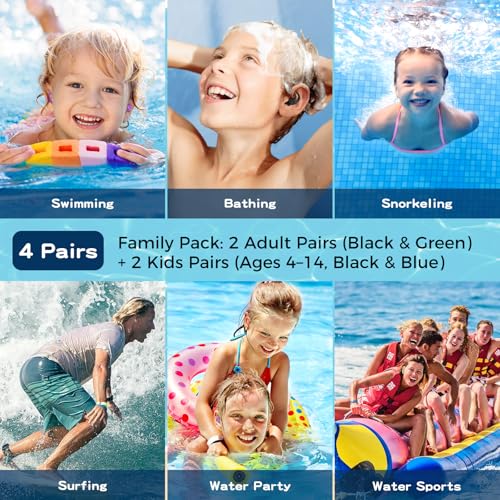 Swimming Ear Plugs for Adults & Kids 4 Pairs Silicone Water Protection - Black & Green Blue Variations