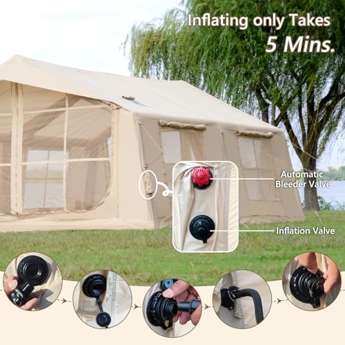 Beige 12-Person Inflatable Camping Tent with Rainfly, Hand Pump & Stove Jack