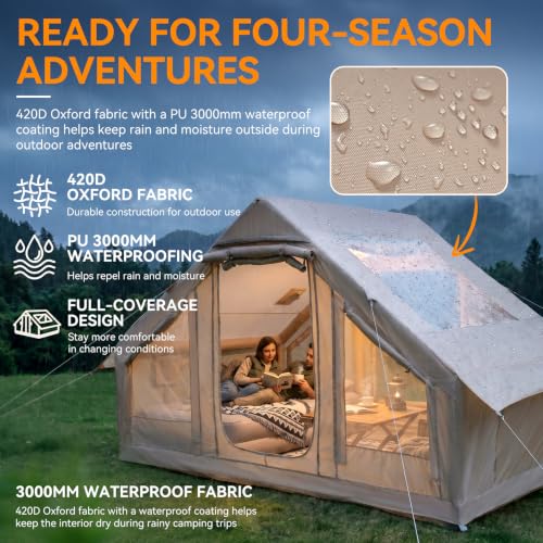 Inflatable Camping Tent 4-6 Person, 5-Minute Setup, 68.7 Sq Ft, Waterproof, Skylight - Wixeeua