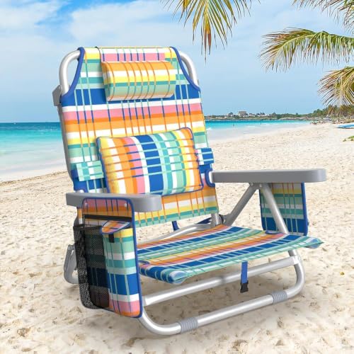 Suteck 5-Position Adjustable Foldable Beach Chair with Cooler Bag - Blue & Yellow