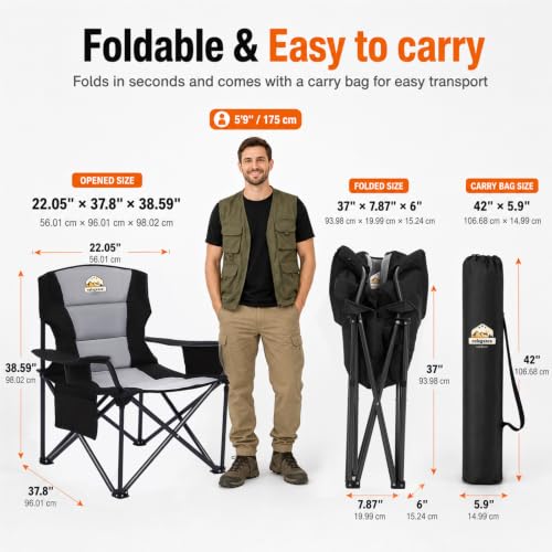 Oversized Heavy Duty Camping Chair for Adults Black - 450 lb Support, Foldable & Padded, with Cooler & Cup Holder - Variation: Black / Single Pack