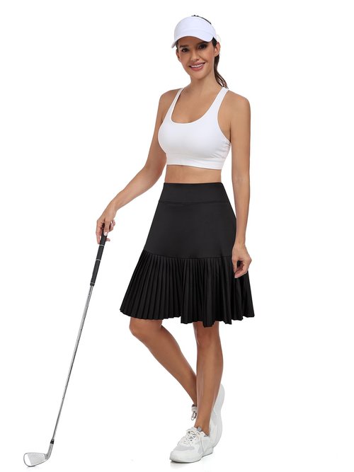 KORALHY 21" Golf Skorts with Pockets Pleated Tennis Skirts with Shorts Knee Length Skort for Athletic, Workout, Casual Wear Black M