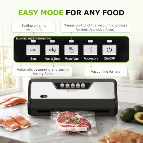 Bonsenkitchen Vacuum Sealer Machine with 1 Roll & 5 Bags, Black - Food Preservation & Custom Bag Cutter