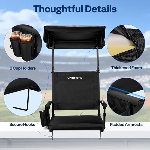VIVOHOME Black Stadium Seat with Sunshade Canopy & Back Support - Outdoor Sports Chair