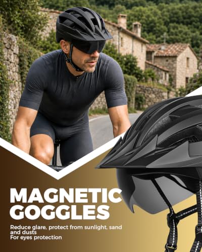 Bike Helmet for Adults with Visor & Goggles, Rear Light, Black, L Size (57-61cm)