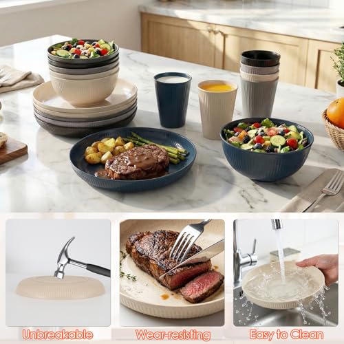 Plastic Dinnerware Set for 6 People 18pcs Camping Plates Bowls Cups