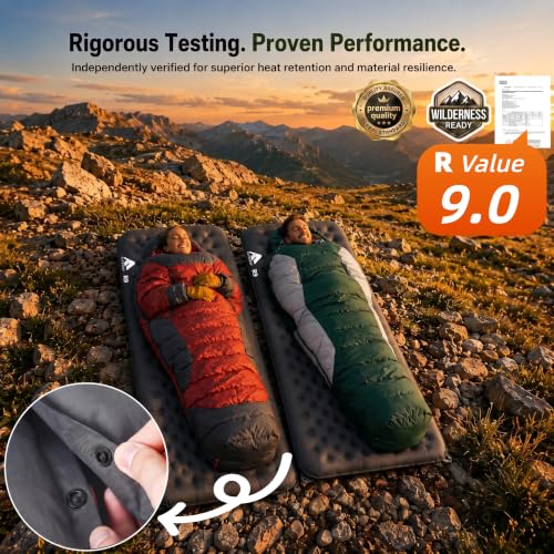 Grey Inflatable Camping Sleeping Pad 74.8x25.6x3.9 Inches - SGS Certified 9.0 R-Value Ultralight Insulated Mattress for Tent, Car & All-Season Outdoor Use