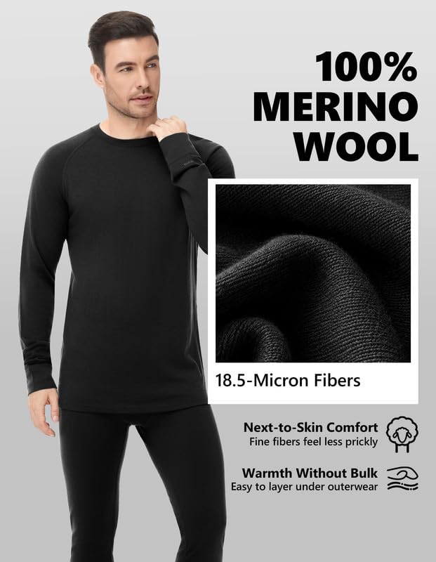 Woolcano Men's Merino Wool Base Layer Set Small Black - Lightweight Ski Base Layer