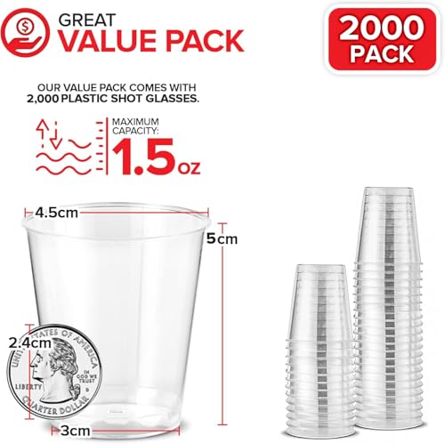 2000 Pack 1.5 oz Clear Plastic Disposable Shot Glasses for Jello Shots & Party Use