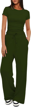Nimsruc Women's 2-Piece Lounge Set - Summer 2025 Ruched Short Sleeve Top & Wide Leg Pants