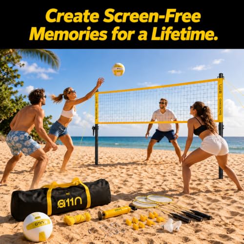 A11N SPORTS Outdoor Volleyball & Badminton Set Yellow - Adjustable Net & Carry Bag