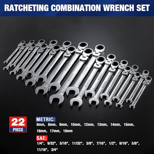WORKPRO 22-Piece Flex-Head & Polished Ratcheting Wrench Set - High-Quality SAE & Metric Tools