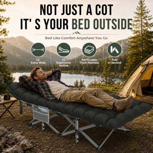 Oversized Folding Camping Cot with Mattress - 32in Extra Wide Heavy Duty Bed for Adults, Gray Cot + Black Mattress, Supports 900 lbs