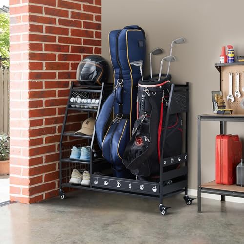 Lauren & Harold Black Golf Bag Organizer Stand for Garage Storage - Fits 2 Golf Bags