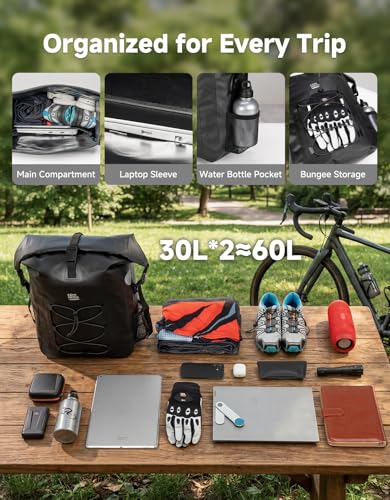 KEMIMOTO Waterproof Bike Pannier 2-Pack Black 60L with Laptop Sleeve for Cycling