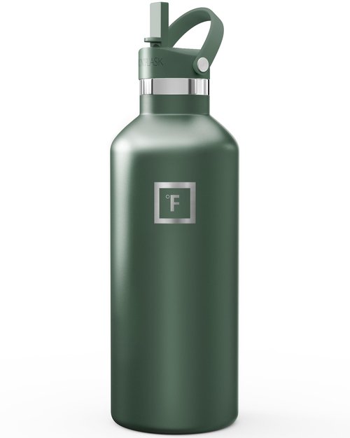 IRON °FLASK Camping & Hiking Hydration Flask with Straw, Narrow Mouth Insulated Stainless Steel Sports Water Bottle - Dark Pine 32 oz - Straw (1 Lid)
