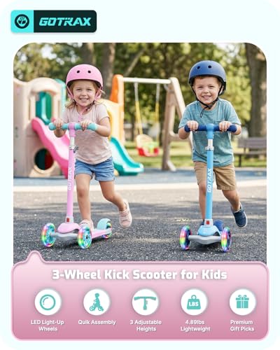 Kids Kick Scooter with LED Wheels for Boys & Girls, Pink, 3 Wheels, Light Pink