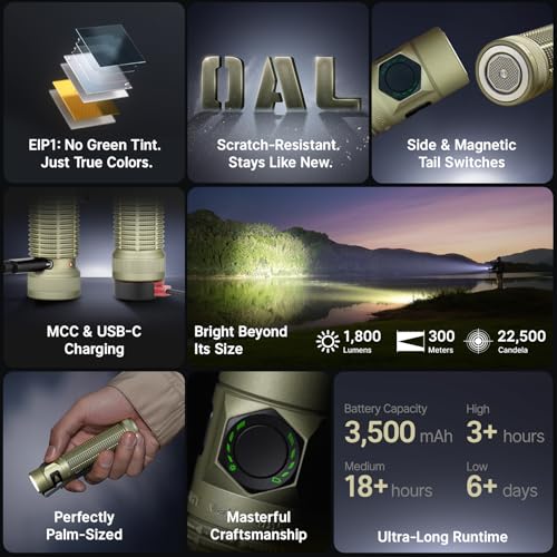OLIGHT BatonUltra EDC Rechargeable Flashlight - Olive Green, 1800 Lumens, Waterproof