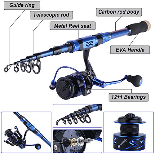 Blue Telescopic Fishing Rod and Reel Set 12+1BB Spinning Combo 5.91 ft