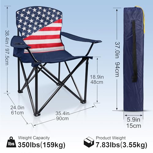 American Flag Oversized Collapsible Camping Chairs 2-Pack, Padded Lawn Seats, 350 lbs