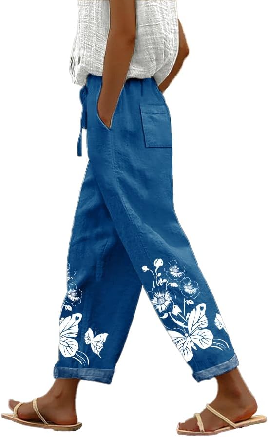 Skiennix Women's Wide Leg Linen Trousers - Plus Size Casual Pants with Pockets