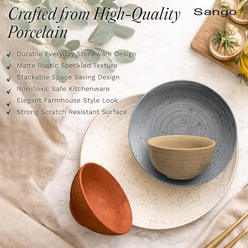 Rustic Mix Sango Siterra 16-Piece Stoneware Dinnerware Set for 4 - Chip Resistant, Microwave & Dishwasher Safe