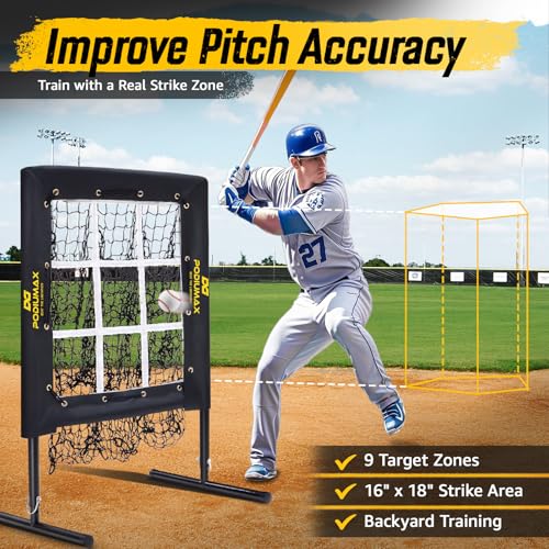 PodiuMax Baseball Pitching Net with Strike Zone - Black, Adjustable Heights, Heavy Duty Solo Trainer for Backyard Practice