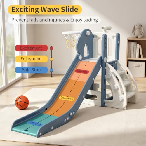 BIERUM 6-in-1 Toddler Indoor & Outdoor Slide Blue Gray, Safe & Foldable Playset for Ages 1-3