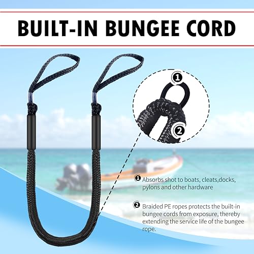 4 Feet Bungee Dock Lines with Loops for Boats & PWC – Black, Set of 2