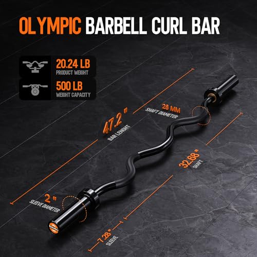 Olympic EZ Curl Barbell Bar 47-Inch Black Chrome for 2-Inch Plates with Collars