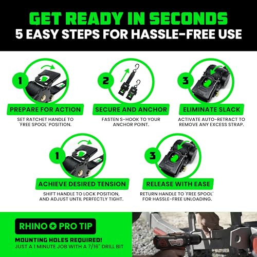 Rhino USA Retractable Boat Transom Straps Black Powder Coated 2-Pack - Freshwater Use