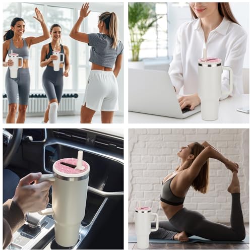 Cream Pink Rhinestone Flip Straw Lid Replacement for Stanley Quencher 40 oz Tumbler - Leak Proof & Non-Spill